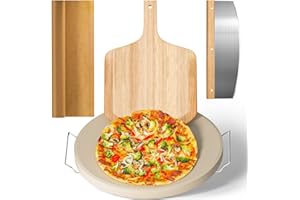 GYREUNI 5 PCS Large Pizza Stone Set,Heavy Duty 16" Pizza Stone for Oven and Grill with Handle Rack,Pizza Peel(OAK), Pizza Cutter Rocker & Cooking Paper,Large Baking Stone for Pizza, Bread