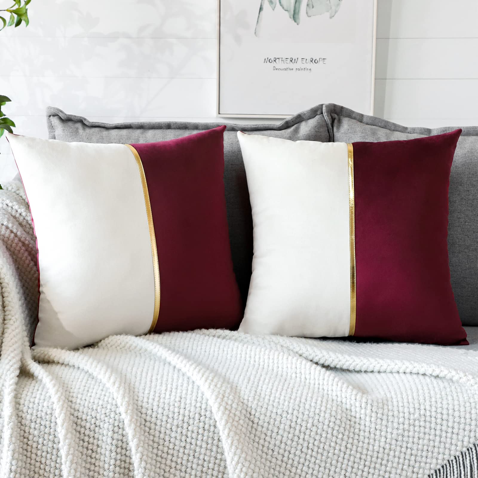 Artscope Wine Red White Velvet Cushion Covers with Gold Leather Patchwork Luxury Modern Minimalist Square Pillowcase Throw Pillow Covers for Living Room Bed Couch Sofa 45x45cm Set of 2 — image 1