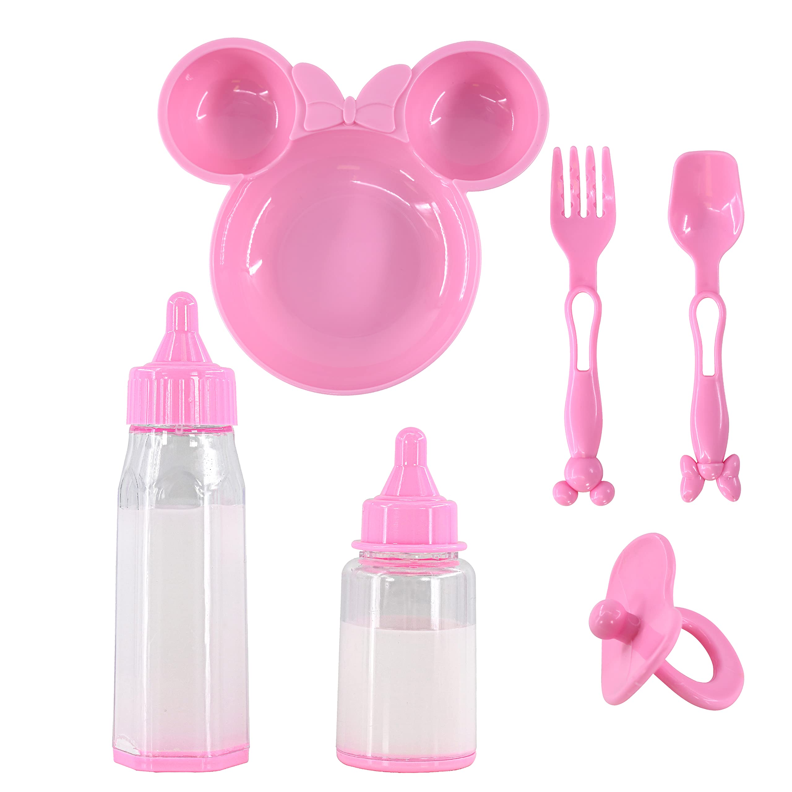 BiBi Doll 6 Pc Baby Doll Feeding Set with 2 Magic Milk Bottles, Pink Plate, Dummy & Utensils - Pretend Play Toy Accessories & Playset for Kids, Boys & Girls, Ages 3+