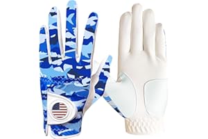 FINGER TEN Golf Gloves Men Left Hand Right with Ball Marker USA Flag Blue Camo Plaid Pack, Mens Leather Golf Glove All Weather Grip Small Medium ML Large XL