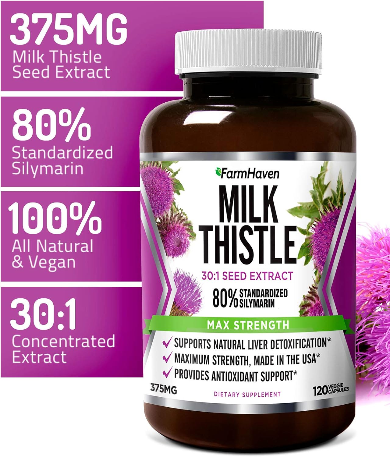 FarmHaven Milk Thistle Capsules | 11250mg Strength | 30X Concentrated Seed Extract & 80% Silymarin Standardized - Supports Liver Function and Overall Health | Non-GMO | 120 Veggie Capsules: Health & Personal Care