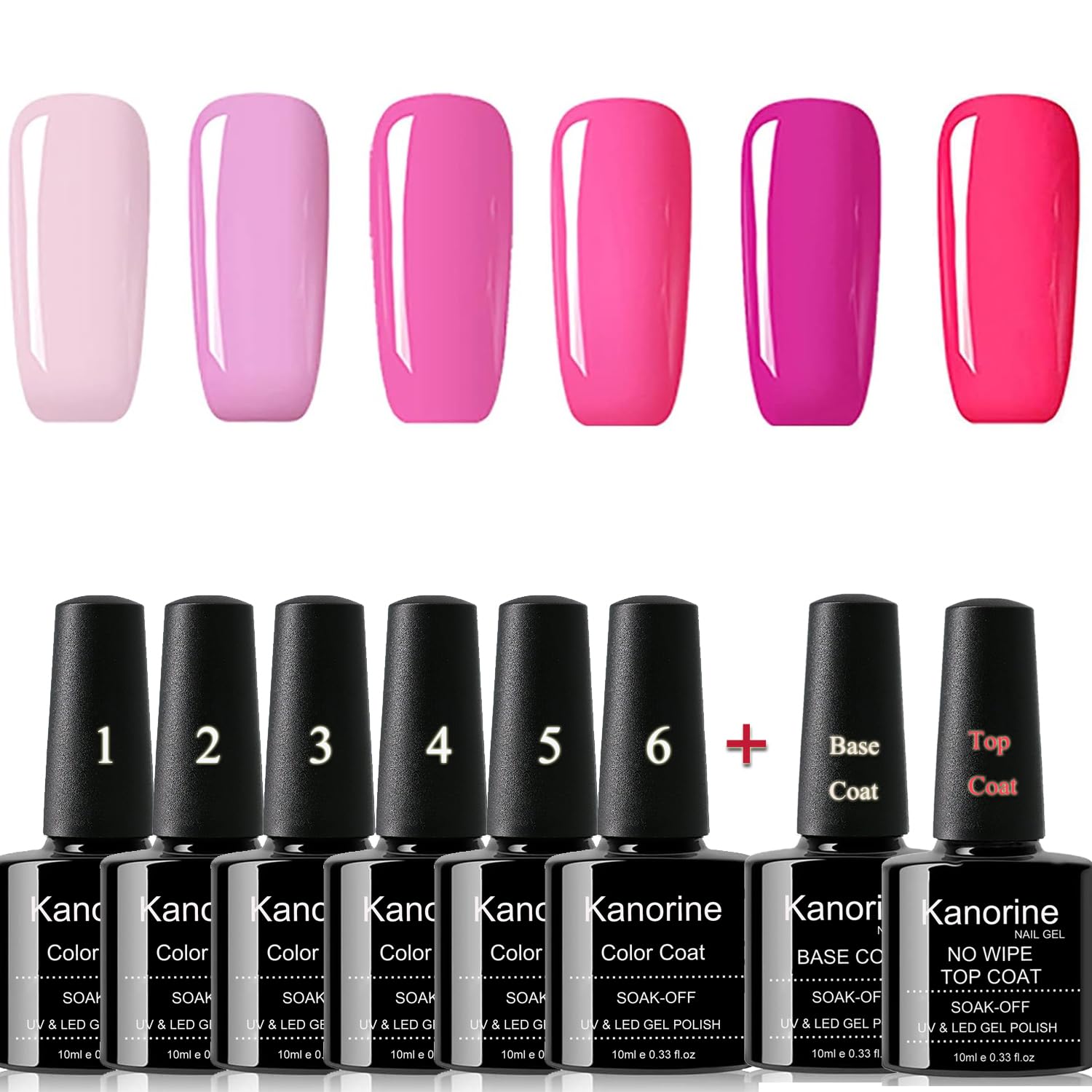 KANORINE 8pcs Nail Gel polish pink series Set (6 colors + base & top coat) Soak off UV/LED Gel Nail Polish Long Lasting Gel Varnish Manicure Set 10ml x8pcs