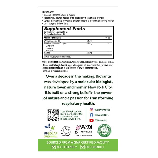 BIOVANTA COUGH DROPS, TART CHERRY WITH COOLING MINT, THROAT LOZENGES, NATURAL IMMUNE SUPPORT, 24 SUGAR-FREE LOZENGES, SORE THROAT, RESPIRATORY DEFENSE