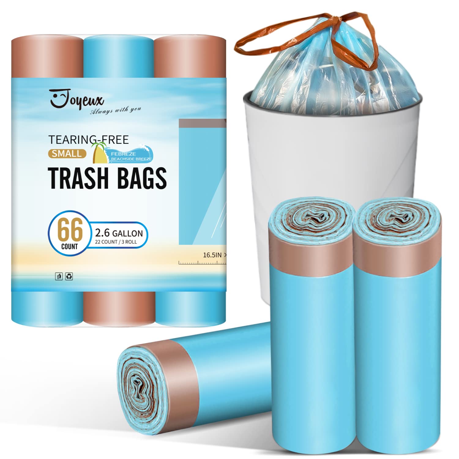 Photo 1 of **MISSING SOME**JOYEUX 2.6 Gallon Small Trash Bags, No-Tearing Drawstring Mini Garbage Bags for Bathroom Kitchen, Beachside Breeze Scent, 66 Count