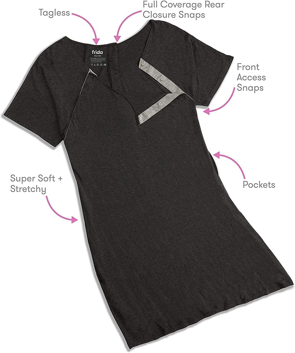 Frida Mom Delivery and Nursing Gown | Easy-Snap, Tagless, Skin-to-Skin Access for Nursing and Full Coverage in The Back: Health & Personal Care