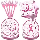 Frerand 96Pack Breast Cancer Paper Plates and Napkins Sets, Party Decorations Plates Breast Cancer Supplies Tableware for Kids (Breast Cancer)