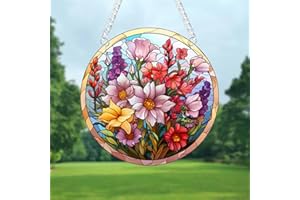 WOHAHA Floral Stained Window Hanging Garden Flowers Acrylic Panels Indoor Outdoor Round Windows Hanger Kitchen Bedroom Garden Wall Art Decor Gifts for Women Mom Grandma Teacher