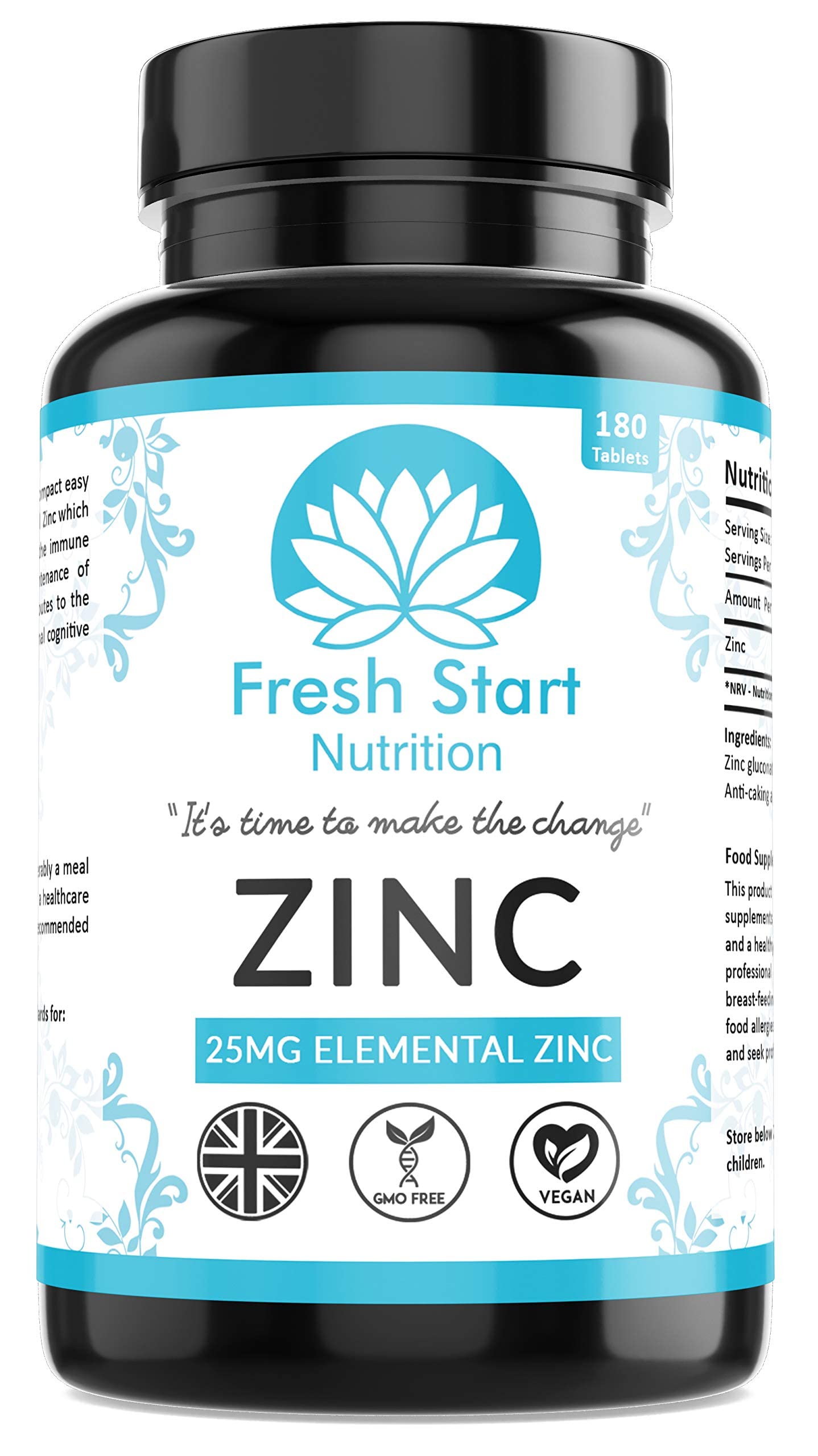 Zinc Tablets 25mg – Zinc Tablets High Strength for Maintenance of Normal Immune System, Hair, Skin, Nails & Bones Zinc Supplements - 180 Vegan Tablets – Made in The UK by Fresh Start Nutrition