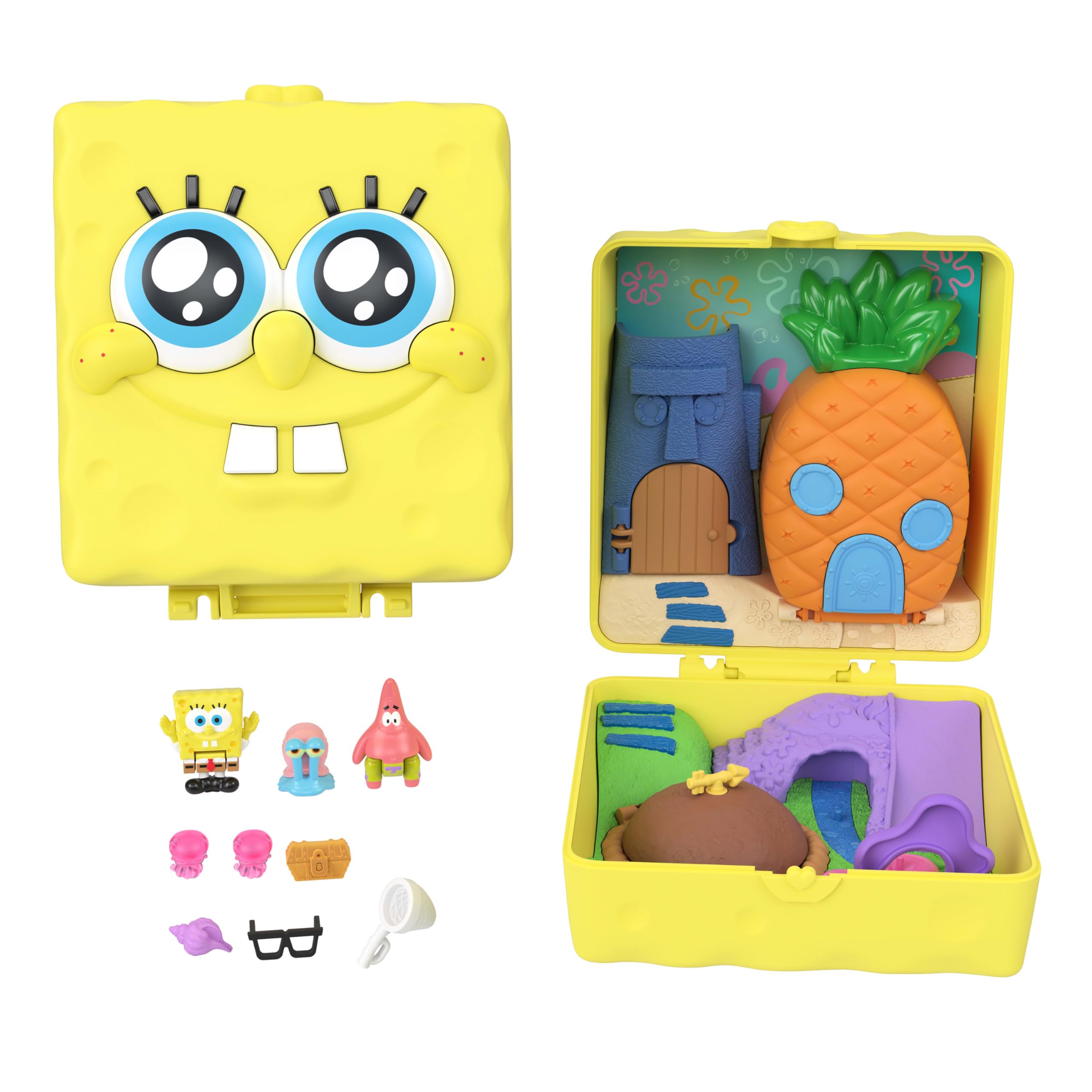 Polly Pocket x Spongebob Partnership Compact, Micro Spongebob & Patrick Dolls and Playset, 7 Accessories Including Pet Gary