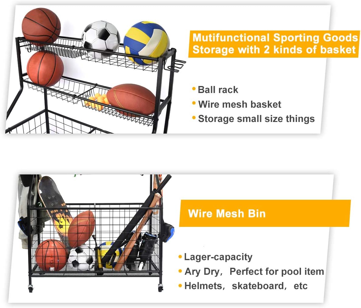 Kinghouse Garage Sports Equipment Organizer, Ball Storage Rack, Garage Ball Storage, Sports Gear Storage, Garage Organizer with Baskets and Hooks, Rolling Sports Ball Storage Cart, Black, Steel: Sports & Outdoors