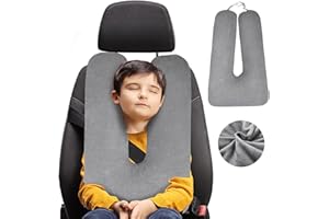 MAZYOYO Kids Travel Pillow, Kids Car Pillow, Car Pillow for Kids, Comfort Pillows for Long Journey or Road Trip with Adjustable Strip & Machine Washable Cover, Support for Head, Body U-Shaped (Gray)