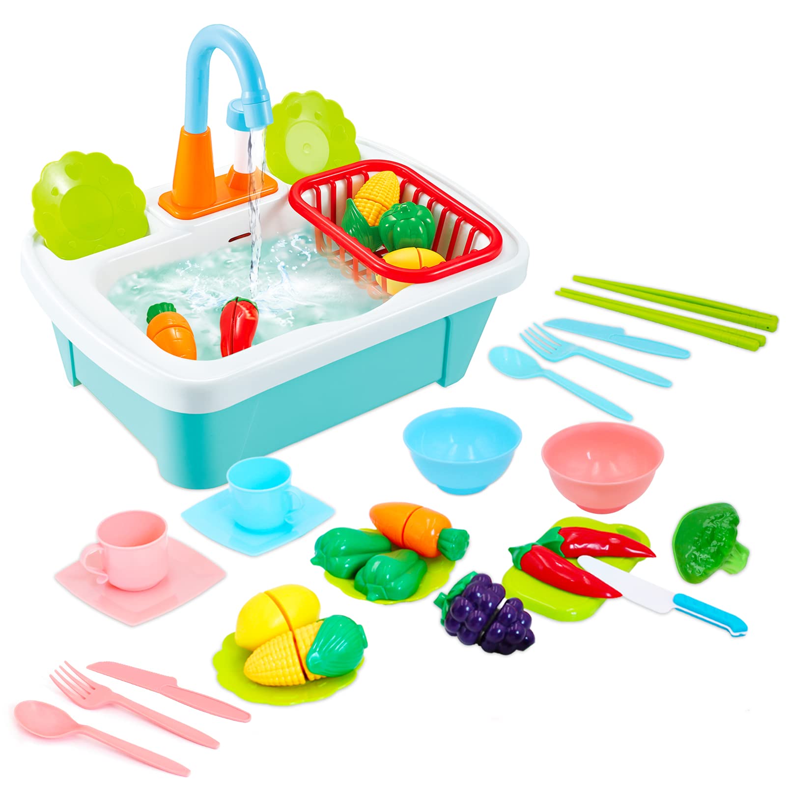 deAO Kitchen Sink Toy for Kids, 28 PCS Play Sink Set with Water Faucet, Cutting Food Toys, Dishes and Drainer Basket, Pretend Play Kitchen Toys Sink for Boys & Girls Ages 3+