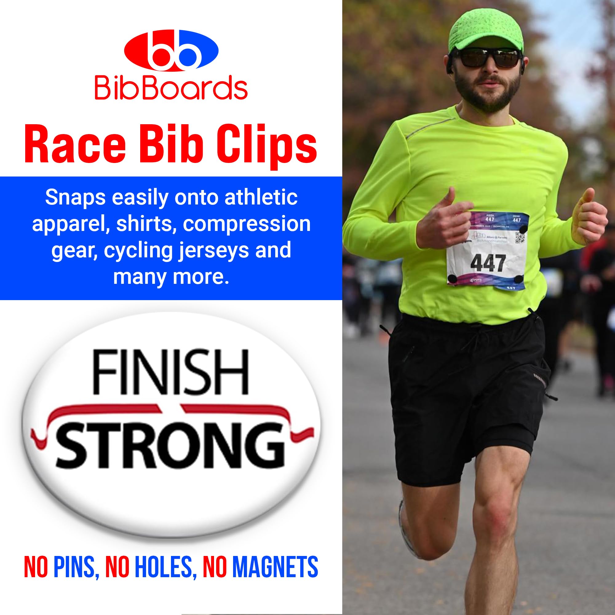 bibSNAPS Race Bib Clips - Safety Lock Fasteners - Secures Running, Marathon, Cycling and Event Number, Non Magnetic, Easy to Use & Reusable - Replacement for Pins & Magnets - Finish Strong (4pcs)