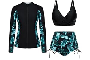 JASAMBAC Women 3 Piece Rash Guard Long Sleeve Zip Up Swimsuits with Boyshort UV UPF 50+ Swim Shirt Built in Bra