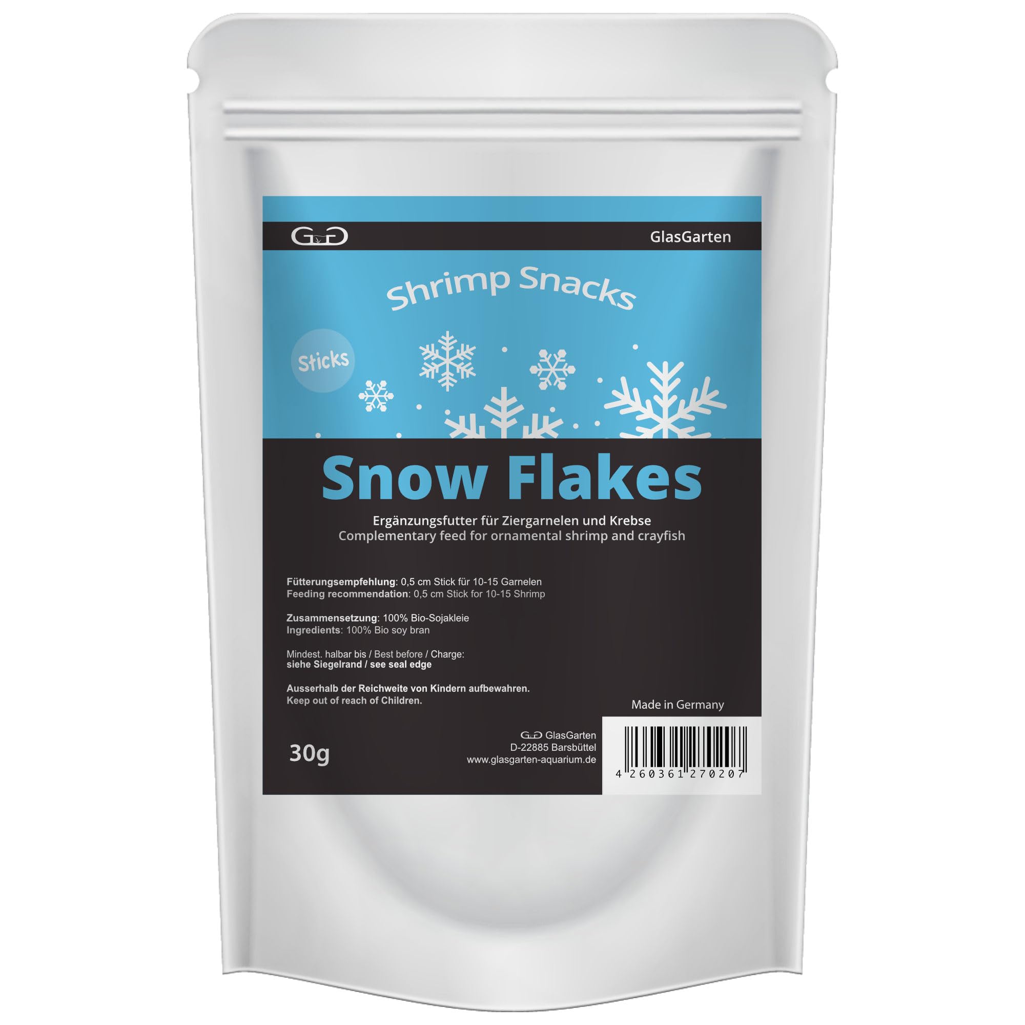 GlasGarten Shrimp Snacks Snow Flakes | 30g - Nuggets that quickly disintegrate into small flakes, made from 100% organic soya bran, rich in vitamins, amino acids & fibre
