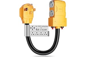MECMO 50 Amp to 20 Amp 110V RV Distribution Adapter, NEMA 14-50P to 4 X 5-20R/15R RV 4-Prong to Multiple Household Outlet w/ 20amp Circuit Breaker, ETL Listed RV Generator Distribution Cord - 1.5ft