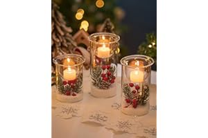 Romadedi Christmas Candle Holders for Centerpiece - Set of 3 Glass Hurricane Candle Holder with Xmas Ornaments Decorative Clear Votive Holders for Table Center Fireplace Festive Party Decor
