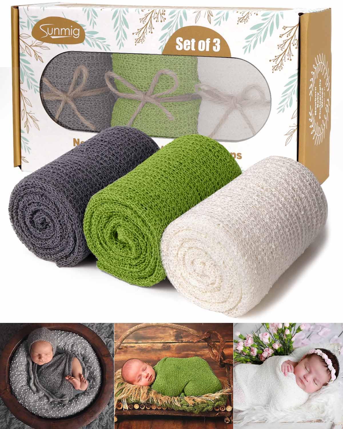 Photo 1 of Sunmig Newborn Photography Props, 3 Pcs Baby Stretch Wraps, Professional Baby Photo Props Long Ripple Wrap, 100% Rayon, Dark Grey+Green+White, 55 inches x 14 inches