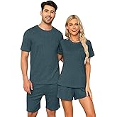 SPKPKEY Matching Pajamas for Couples Ribbed Knit Lounge Set Soft Short Sleeve 2 Pieces Sleepwear S-XXL