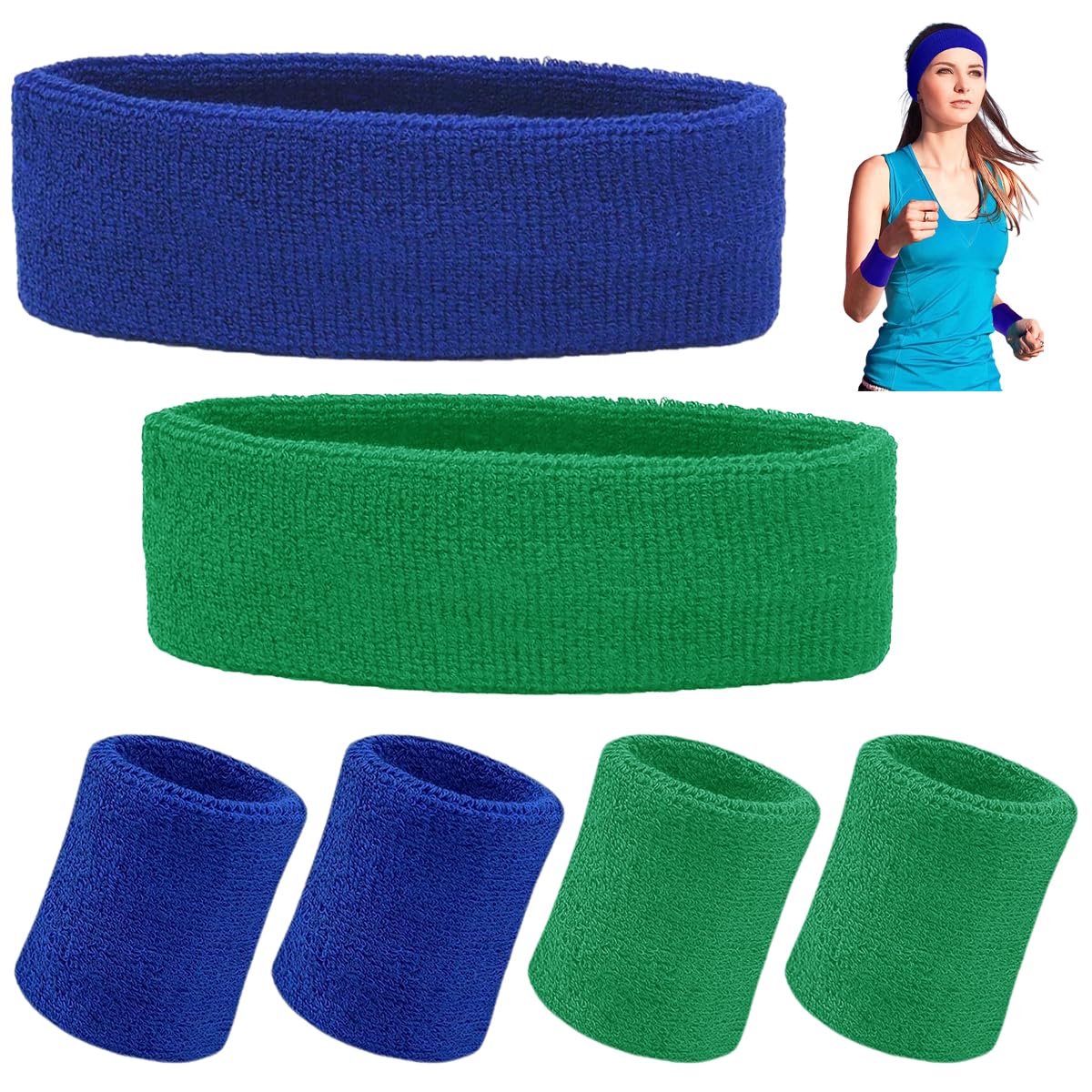 SamHeng 6 Pieces Sweatband Set, 2 Pcs Sport Headbands and 4 Pcs Moisture Wicking Wristband for Men Women, Sweat Bands for Gym Tennis Football Basketball Running Athletic Exercise Fitness (Blue+Green)