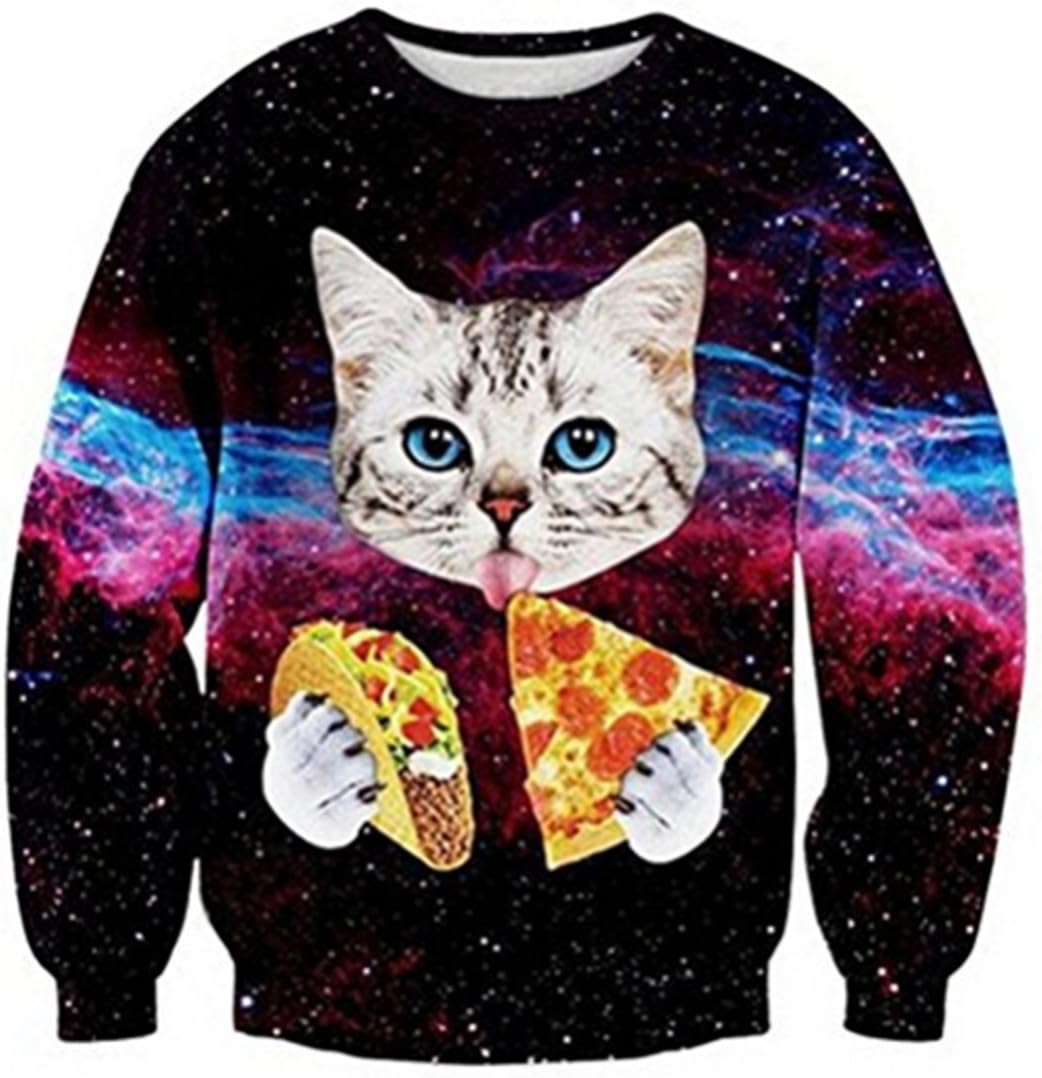 Union Link Ugly Christmas Pizza Cat Print Hipster Novelty Graphic Pullover Sweater Sweatshirt for Teen Girls Boys