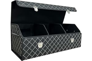 Wuatow Trunk Organizer for Car With Lid,Foldable Trunk Organizer for SUVs & Sedans,Multi-Functional Leather Storage Box - Black Grid - Large