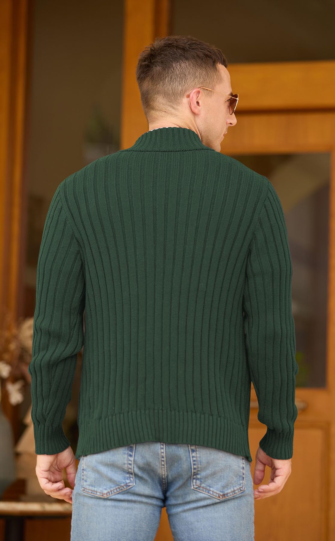 NITAGUT Herren Strickjacke Full Zip Stehkragen Langarm Baumwolle Casual Slim Fit Winter Pullover für Männer,Grün,M 3