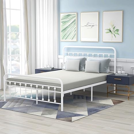 queen size kids adults platform metal bed frame double bed with vintage headboard and footboard no box spring support needed easy put together sturdy