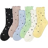 6 Pairs Cute Floral Ruffle Crew Socks Women, Breathable Cotton Novelty Casual Girls Above Ankle Funny Socks US 5-10
