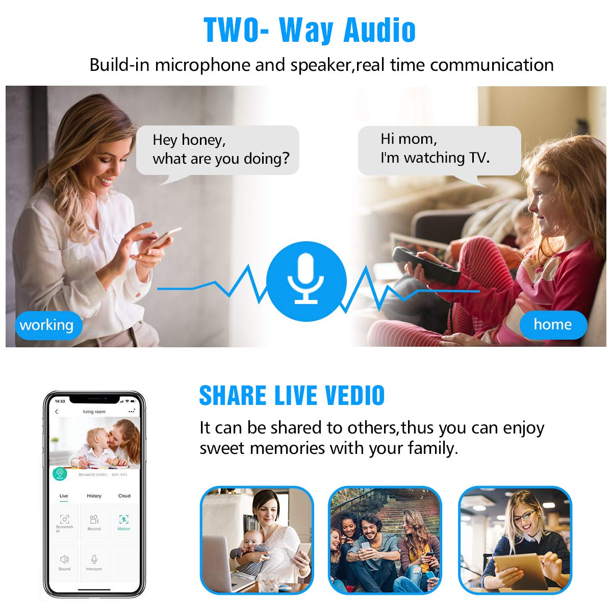 Telecamera WiFi, DIGOO 720P HD Telecamera IP, Telecamera di Sorveglianza Wifi Wireless Camera Interno, Telecamera videosorvegilanza con Audio Bidirezionale，Modalità Notturna a Infrarossi Videocamera di sorveglianza Camera， Camera WIFI Monit