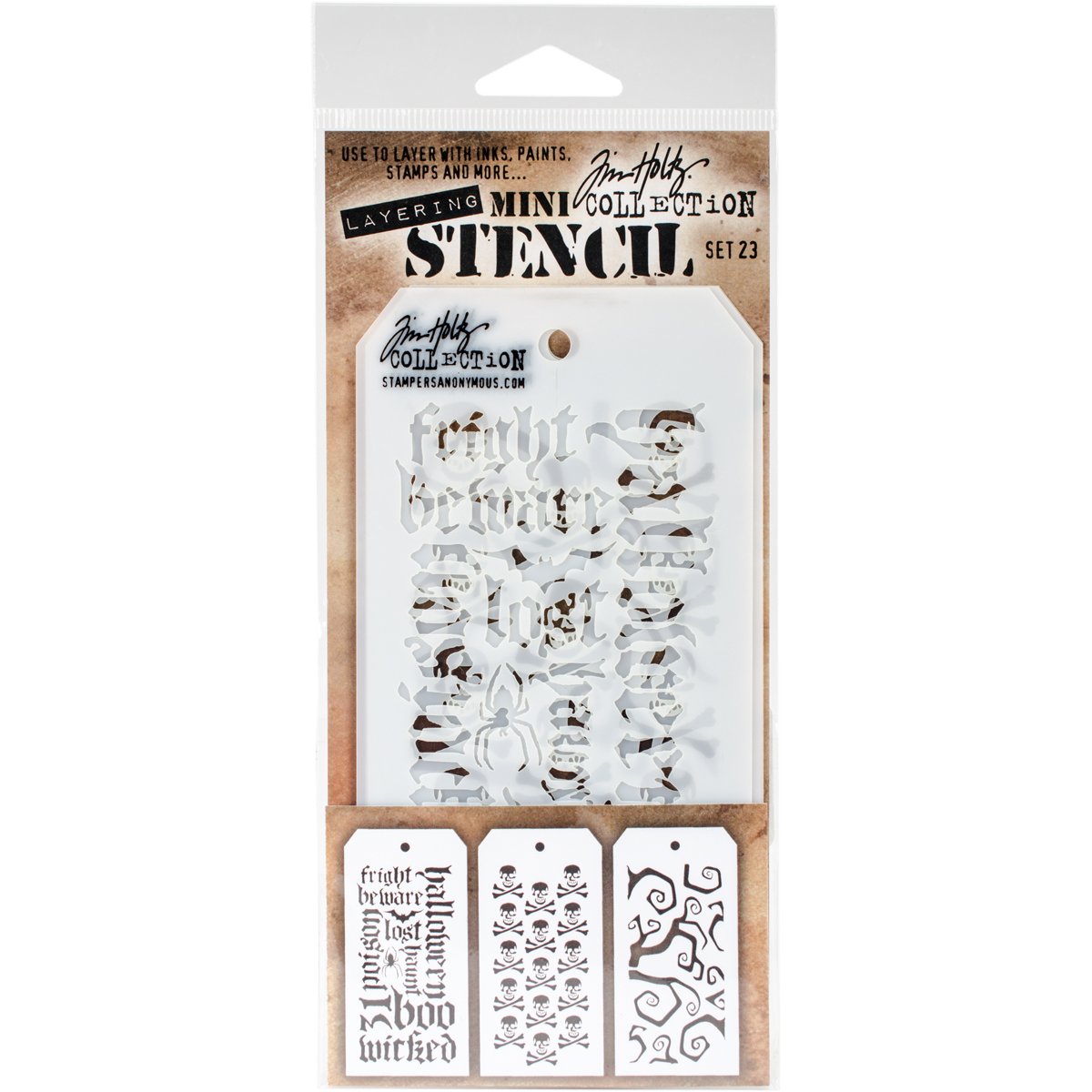 Stampers Anonymous MTS023 Tim Holtz Mini Layered Stencil Set, Multi-Colour, Pack of 3