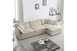 KIVENJAJA Chenille L-Shaped Modular Sectional Sofa, Modern 3-Seater Comfy Deep Seat Cloud Couch with Ottoman/Chaise & 5 Pillows for Living Room Office Apartment, 111.5”W, Light Camel