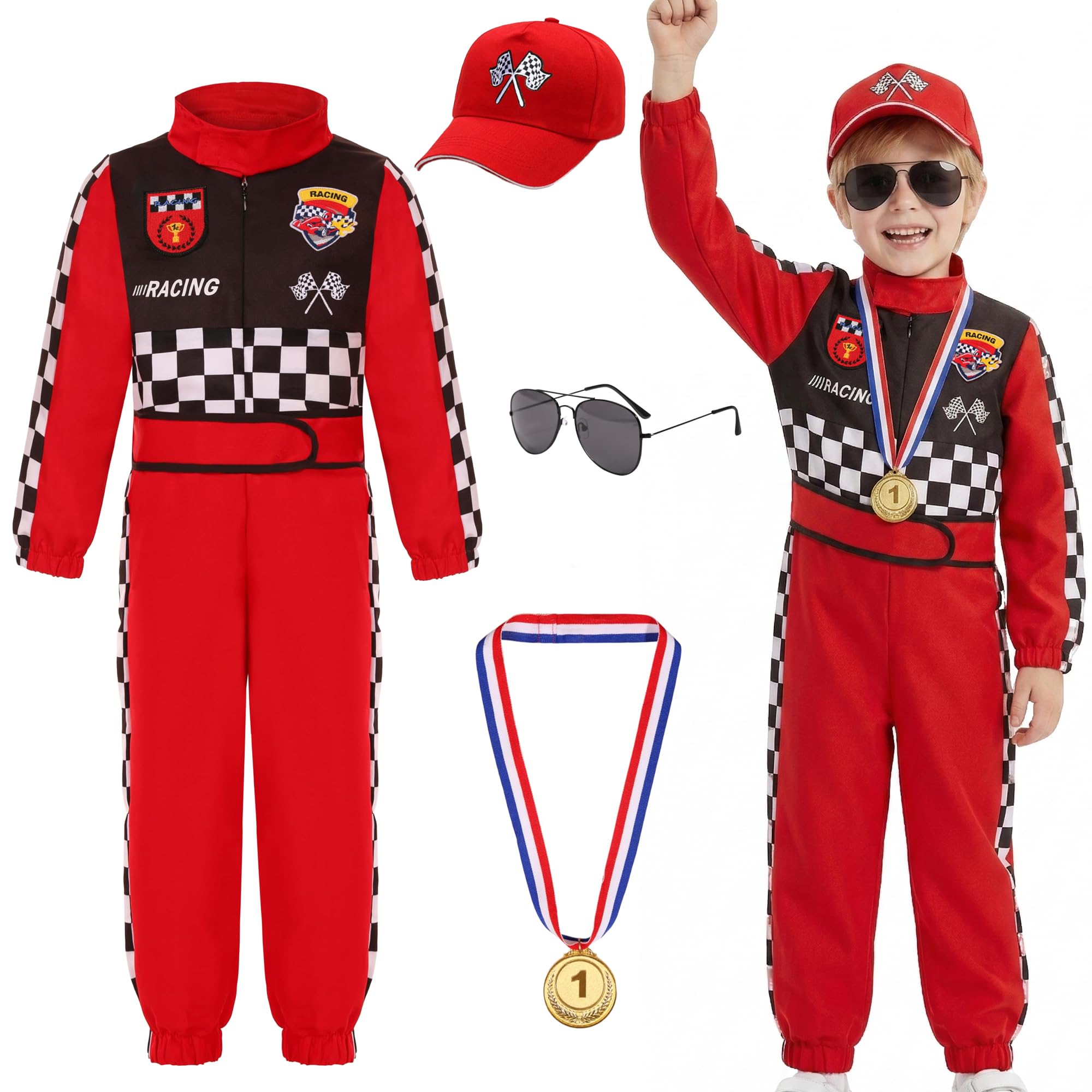 Photo 1 of Simplecc Race Car Driver Costume for Boys Racer Jumpsuit with Car Cap for Halloween Dress Up(5-6 Years) Red