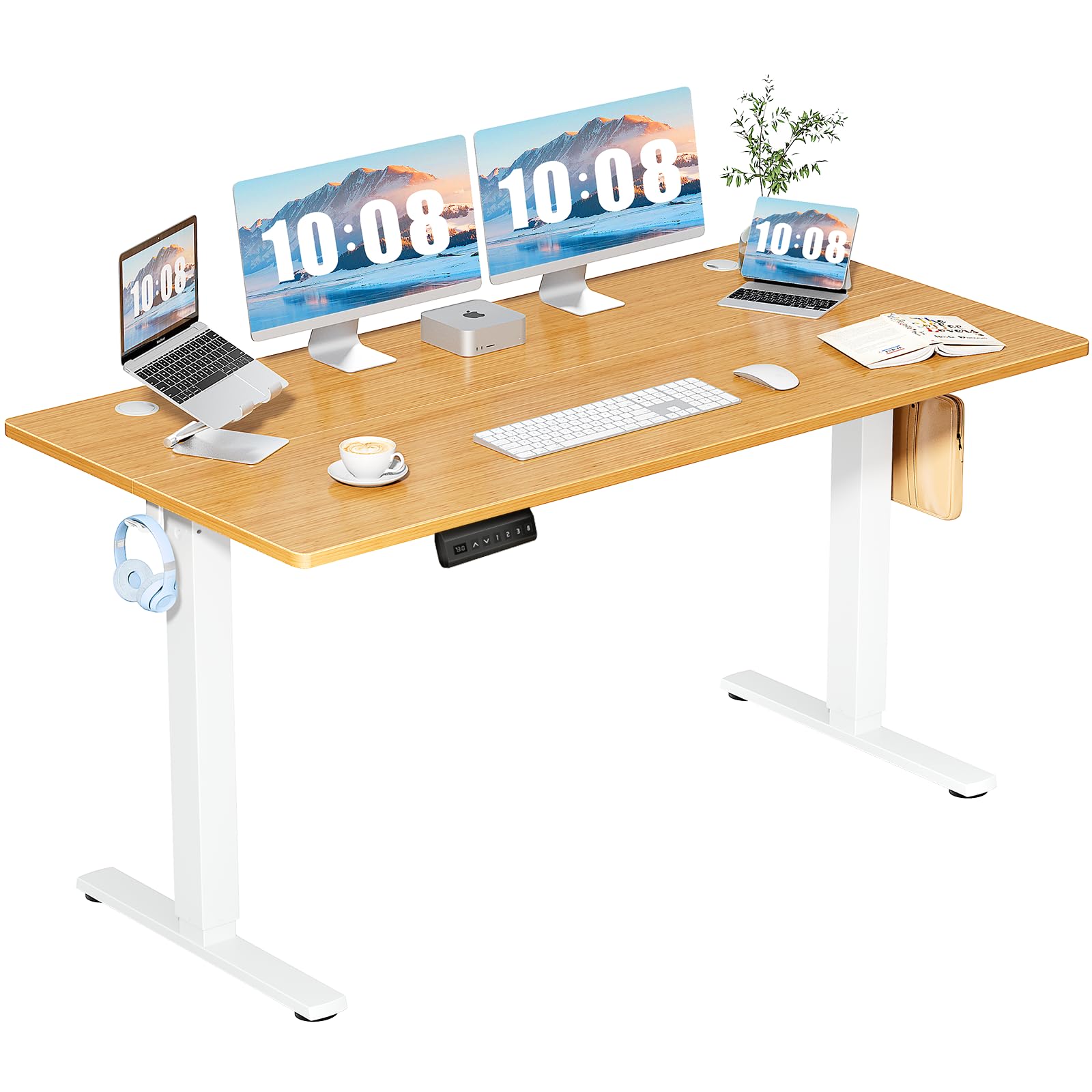 DUMOS 63 Inch Electric Standing Desk Height Adjustable, Sit to Stand Computer Workstations Large Work PC Table Home Office Writing Gaming Desks with Memory Presets for Walking Pad, Bedroom, Oak Image