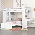 Twin Over Twin Bunk Bed with Built-in Desk and Wardrobe, Solid Wood Loft Bed & Stand-alone Platform Bed with Storage Shelves and Safety Guardrail for Kids Teens Adults, Maximize Space (White-4)