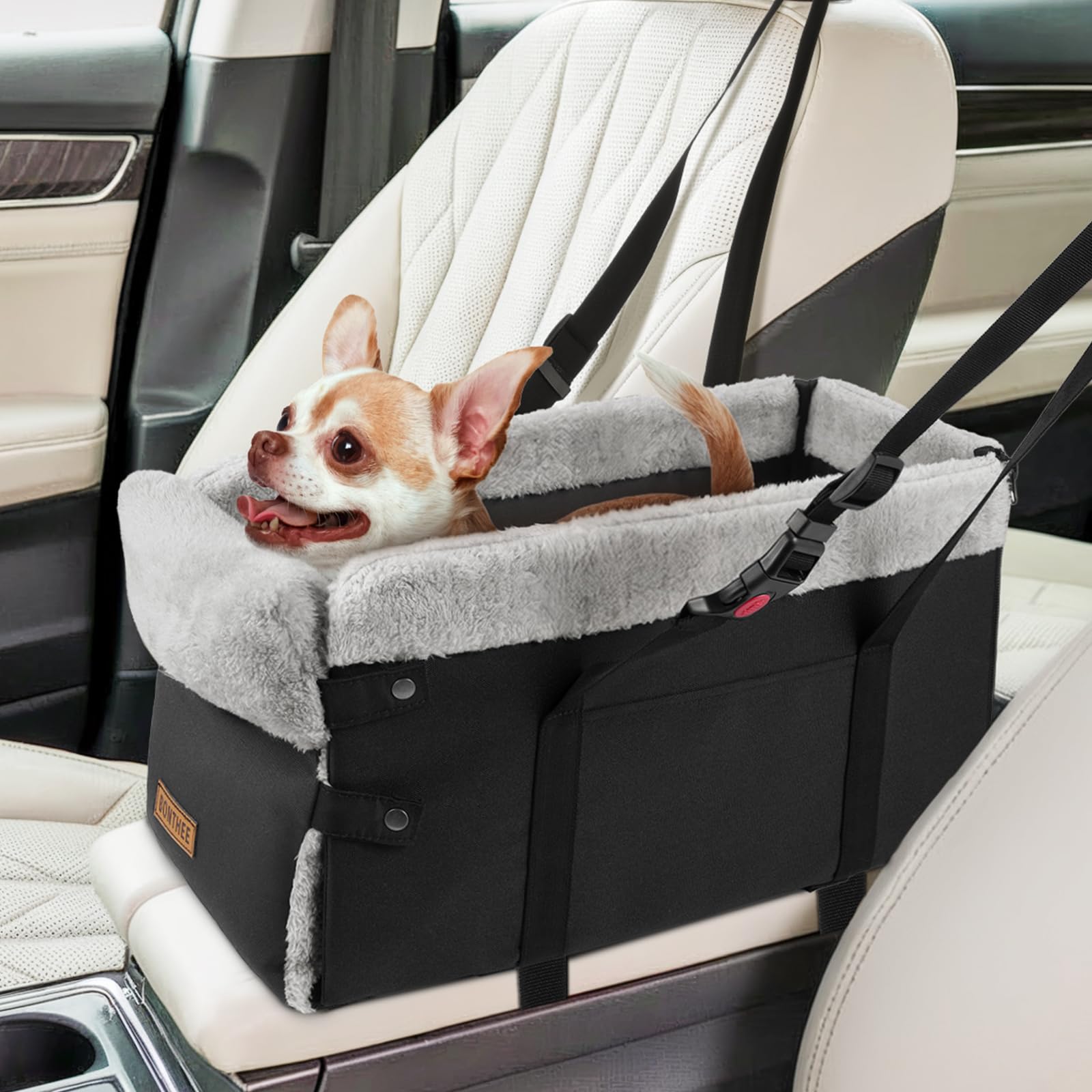Photo 1 of Upgraded Zipper Center Console Dog Car Seat for Small Dogs, Pet Booster Seat with Safety Hook & Adjustable Strap,Washable Center Console Car Bed with Storage Pocket for Pets up to 15lbs