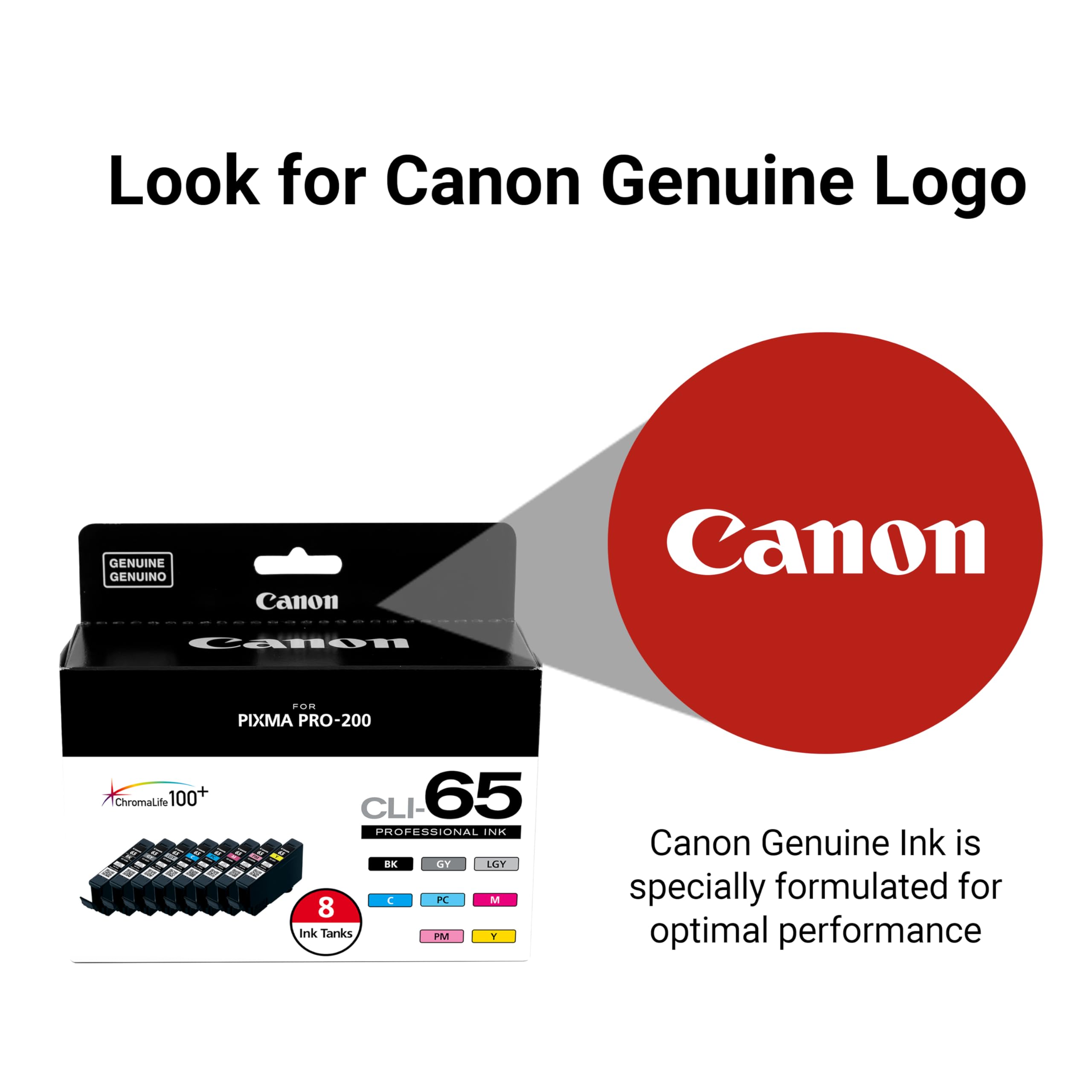 Canon CLI-65 Genuine Eight Color Pack, Compatible with PIXMA PRO-200, and PIXMA PRO-200S Printers