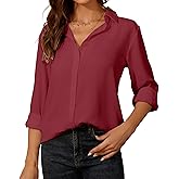 YAMANMAN Womens Button Down Shirt Long Sleeve Classic Collared Tops Work Office Casual Chiffon Blouse