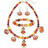 XOCARTIGE Thanksgiving Fall Necklace Bracelet Earrings Set, Chunky Pumpkin Maple Leaf Turkey Bubblegum Necklace for Women Beaded Stretch Bracelet Dangle Earrings Holiday Party Gifts