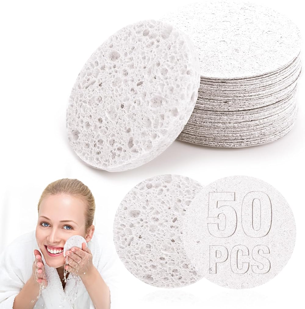 Lusofie 50 Pcs Compressed Facial Sponges 2.3in Wood Pulp Cotton Pink White