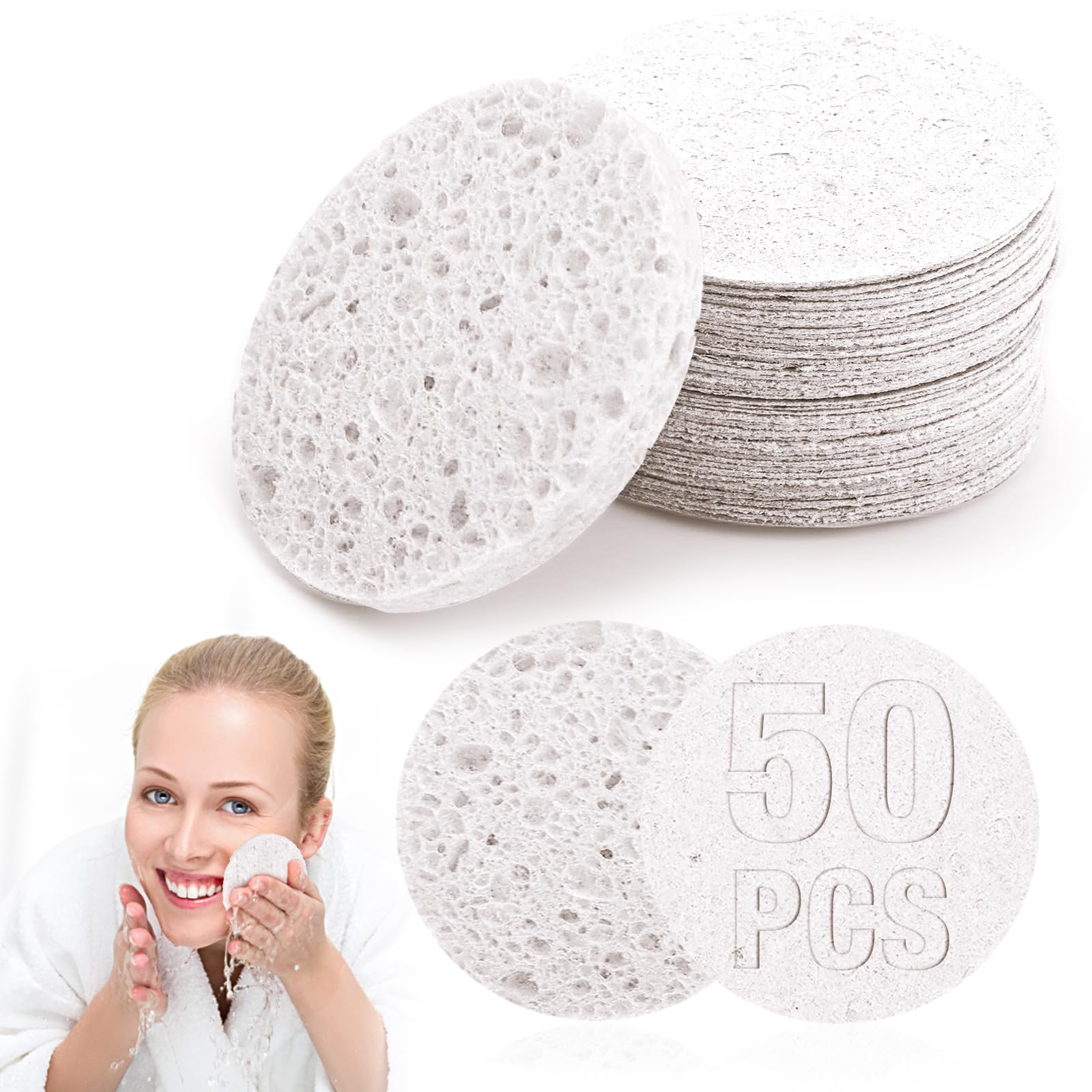 50 Pcs Facial Sponges, Compressed Face Sponges Cleansing Face Sponge 100％ Natural Wood Pulp Cotton Face Cleansing Pads for Daily Facial Cleansing Makeup Remover (2.3 In)(White)