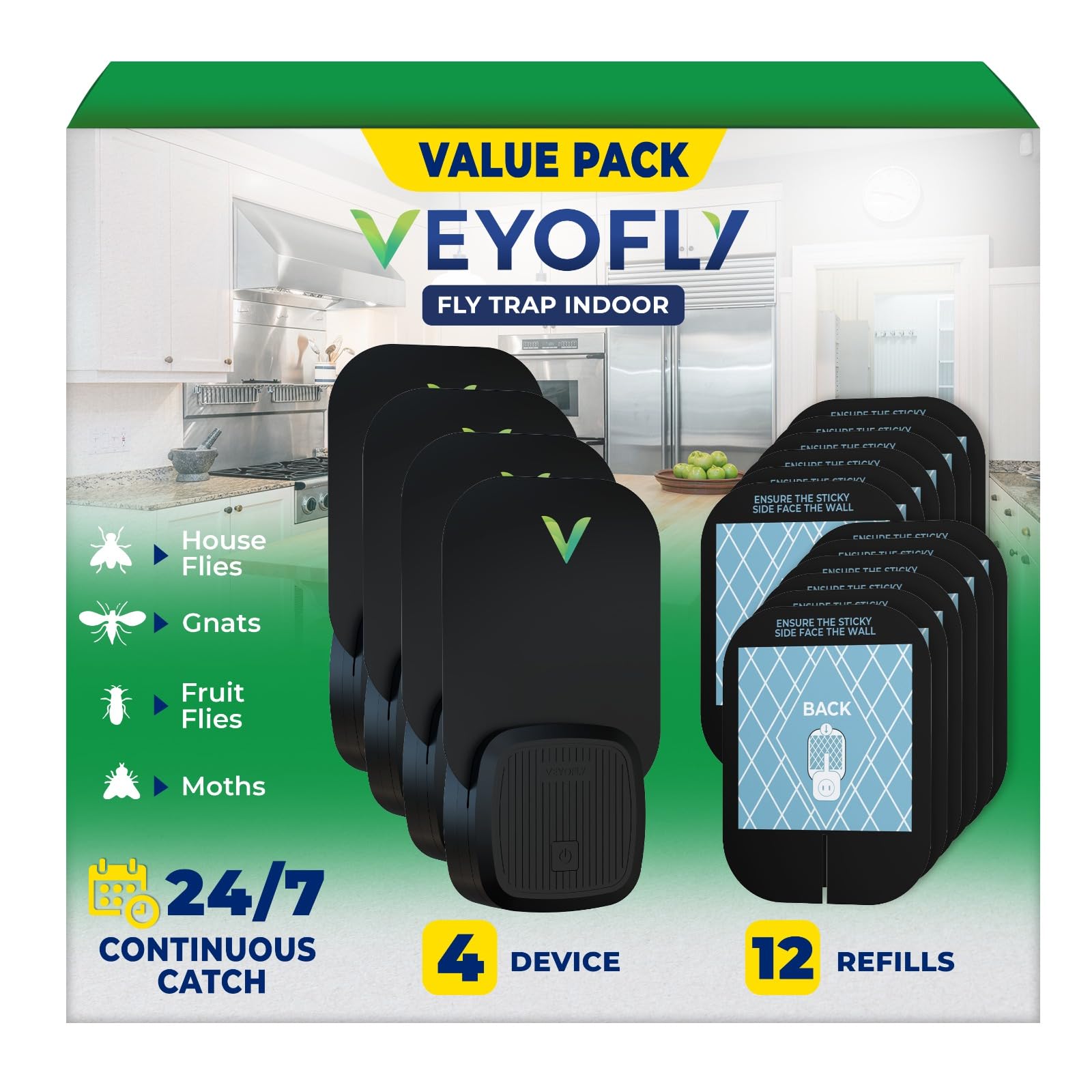 Photo 1 of VEYOFLY Fly Trap Indoor, Fruit Fly Traps for Indoors, (4 Device + 12 Refills) Gnat Traps for House Indoor, Fly Catcher Indoor, Plug in Light Flying Insect Trap, Bug Light Killer, Fly Trap
