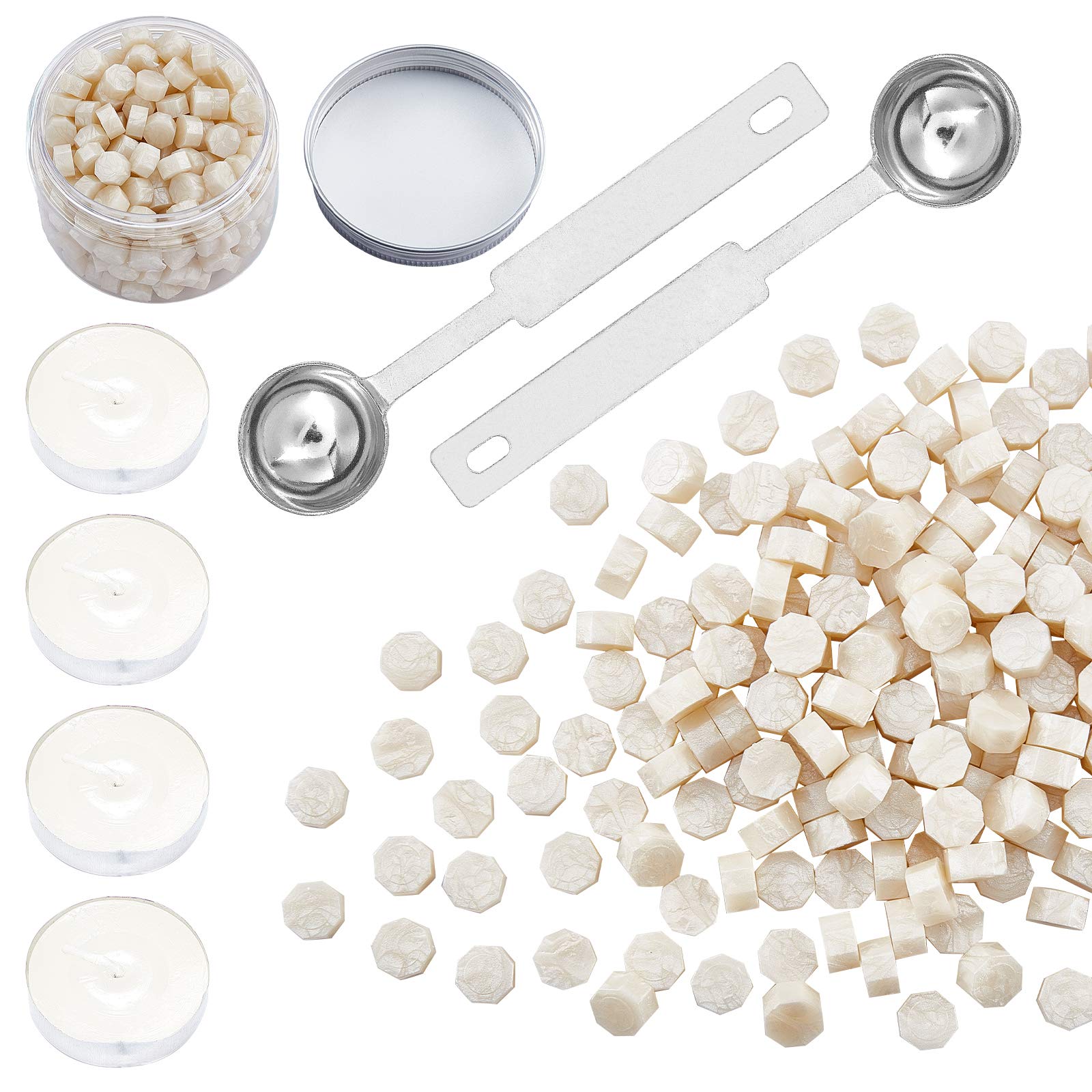 CRASPIRE 300PCS Wax Seal Beads Pearl White Octagon Sealing Wax Beads with 4PCS Tea Candles and 2PCS Wax Melting Spoons for Wax Seal Stamp