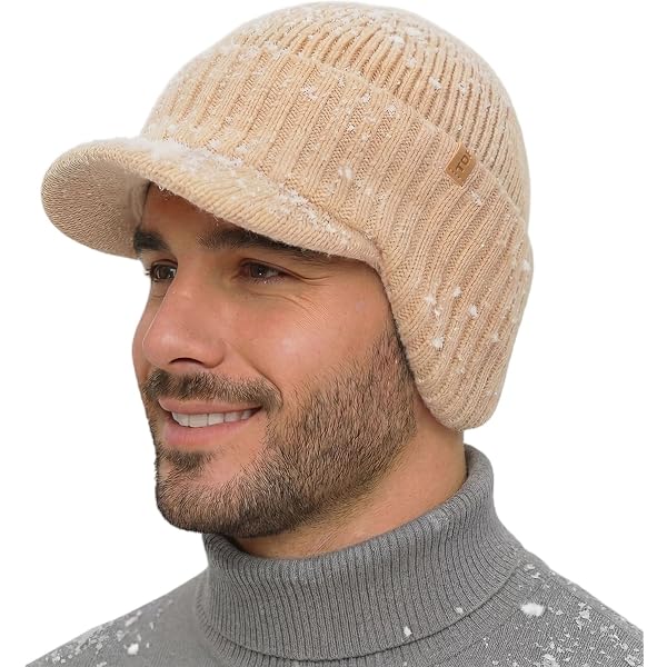 Men & Women Biege Beanie with Brim and Ear Flaps Fleece-Lined Hat Wmcaps Winter Fleece Line Beanie with Earflap for Men Women  main image 3