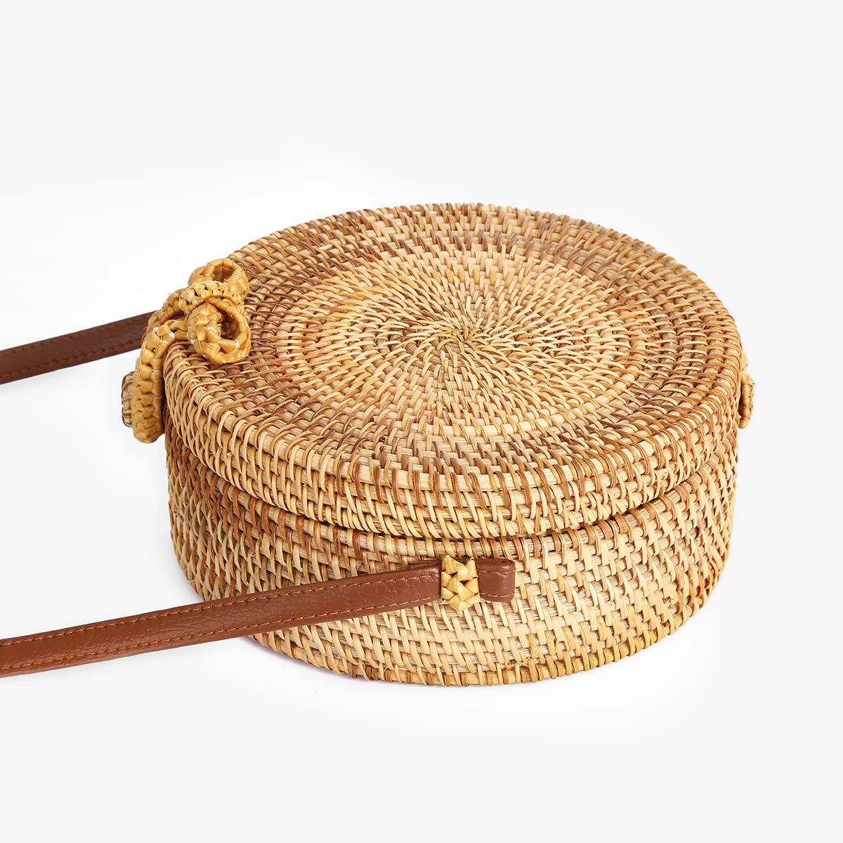 Lefur Rattan Bags for Women Round Handmade Straw Bag Purse Boho Circle Crossbody Handag with Shoulder Leather Strap