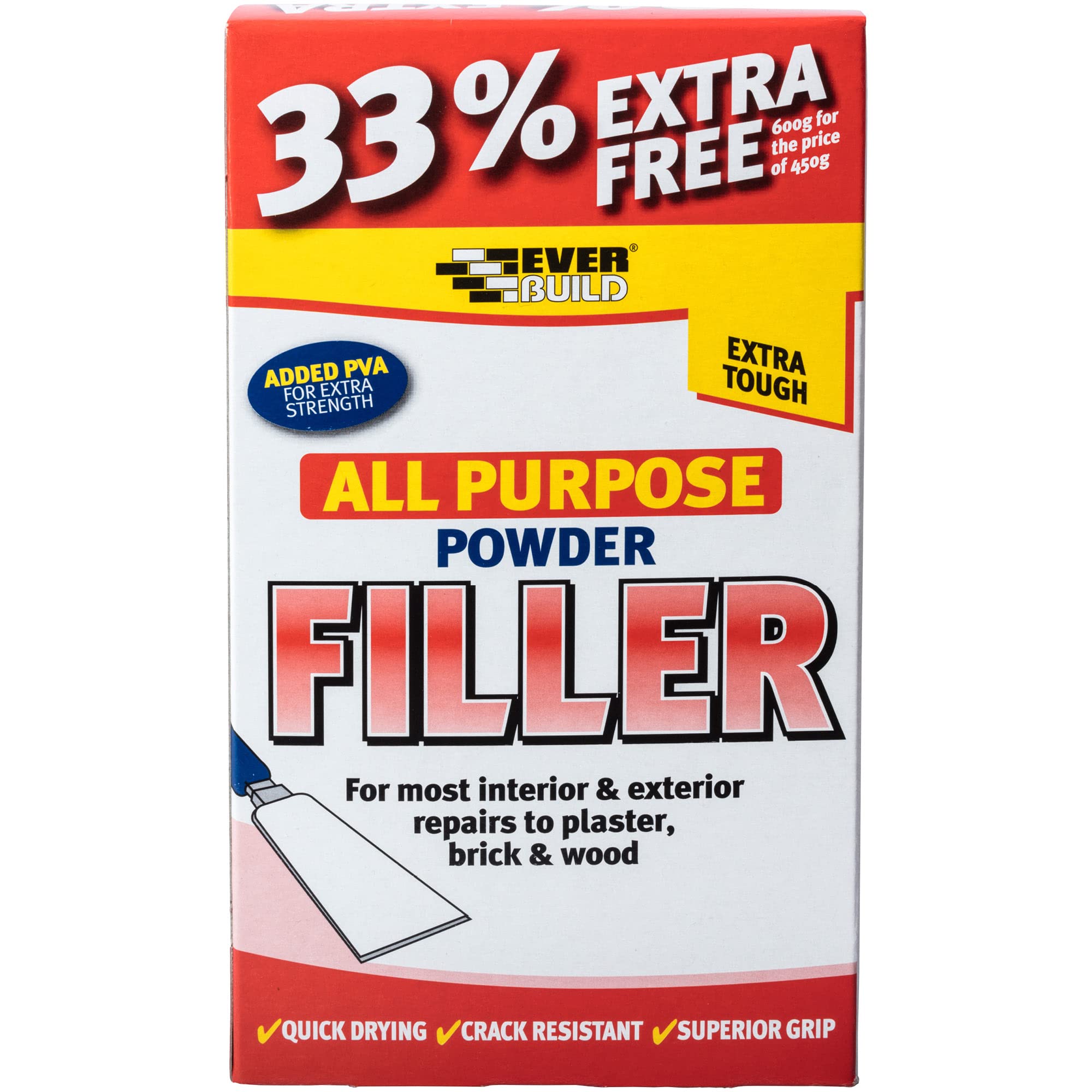 Everbuild All Purpose Powder Filler – Suitable for Interior and Exterior Use – Quick Drying – White – 600g (450g + 300g Free)