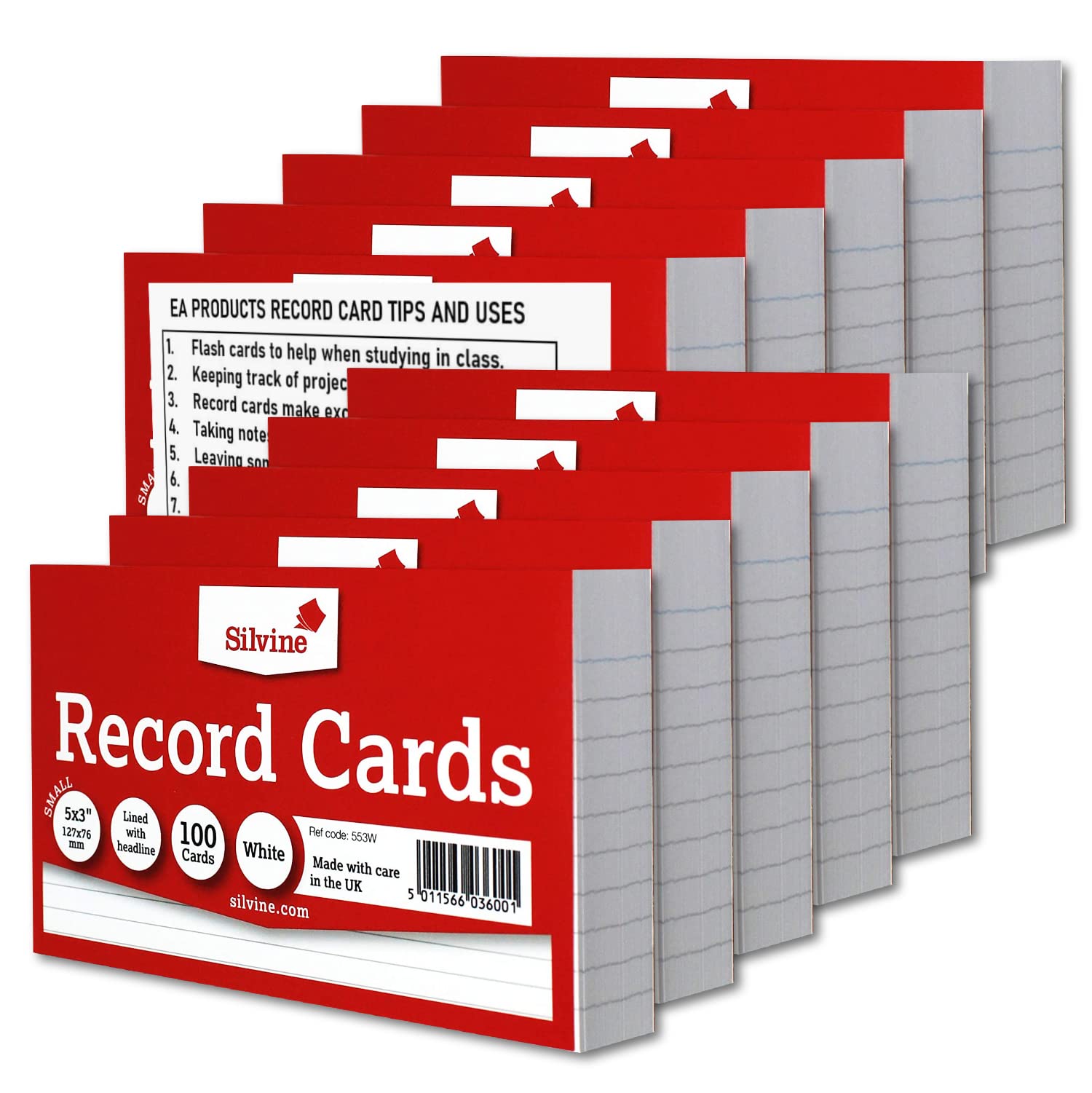 Silvine Record Card Bulk Pack of 1000 | 10 x 100 5x3” White Lined with Headline – Size Small 127 x 76mm with Hints and Tips