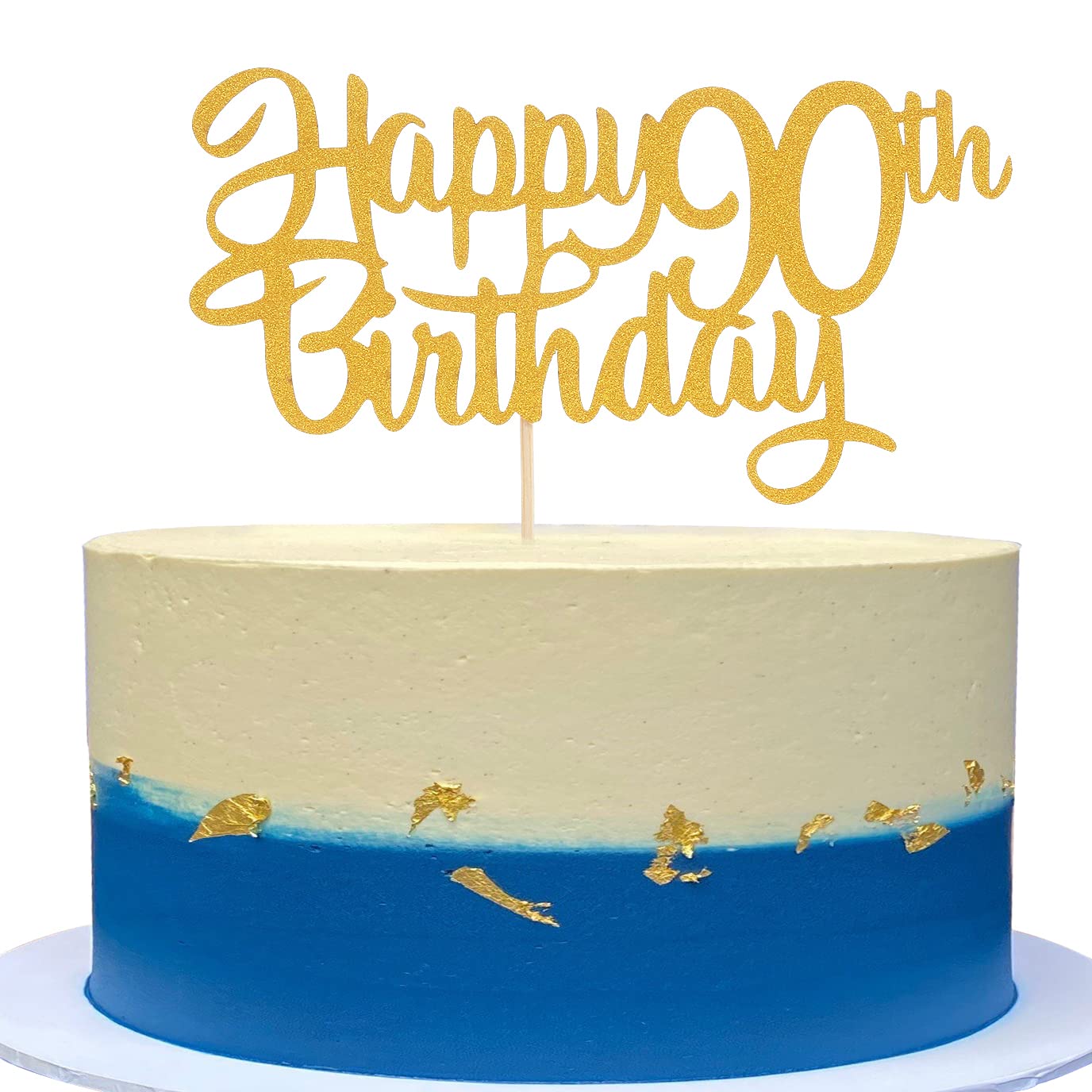 Happy 90th Birthday Cake Topper - Gold Glitter 90 Birthday Party Decoration, Birthday Happy Birthday Cake Toppers, Single - Side Gold Glitter 90 Anniversay Party Decoration Supplies