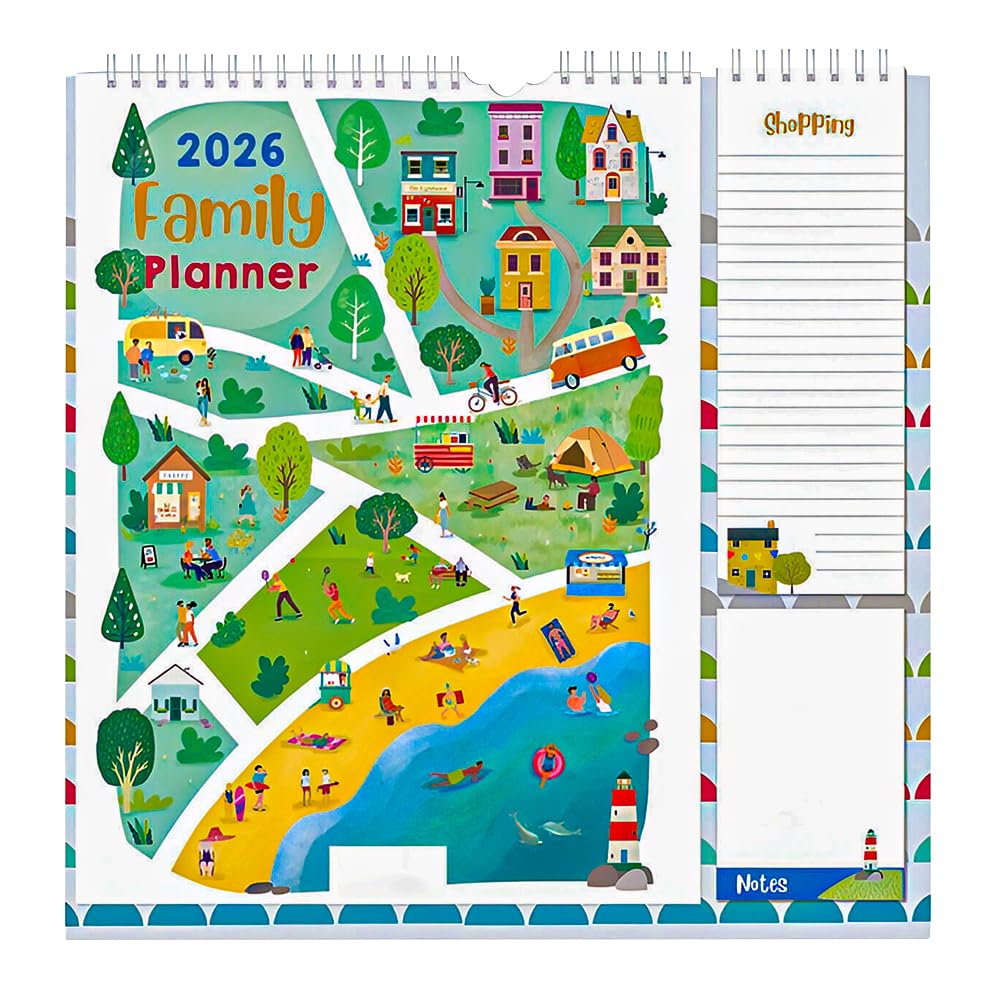 2026 Family Organiser Month to View Calendar Hanging Memo Pad with Shopping List, & Notepad Five Columns for organising Family - Town Sea