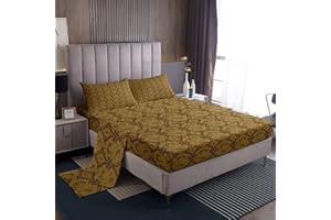 jejeloiu Damask Floral Bed Sheets Set Queen Size Scrollwork Bed Set Yellow Deep Pocket Fitted Sheet Vintage Floral Breathable